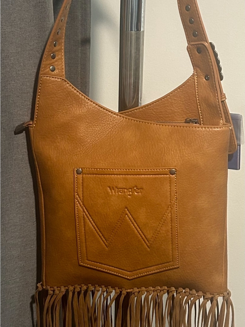 Wrangler Fringe Leather Shoulder Bag new with tag boho country western dark tan